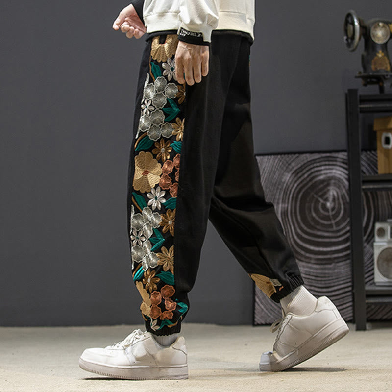 Buddha Stones Spring Men's Embroidered Flower Pattern Patchwork Cotton Pants With Pockets - image 2