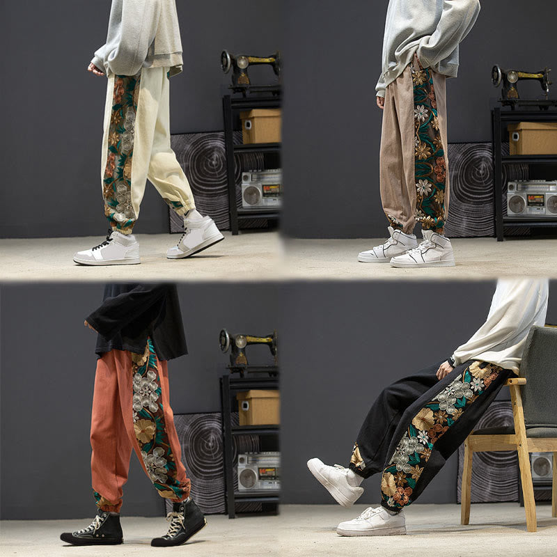 Buddha Stones Spring Men's Embroidered Flower Pattern Patchwork Cotton Pants With Pockets - image 26