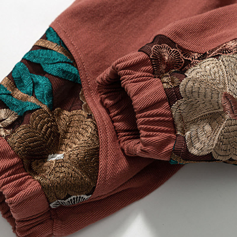 Buddha Stones Spring Men's Embroidered Flower Pattern Patchwork Cotton Pants With Pockets - image 11