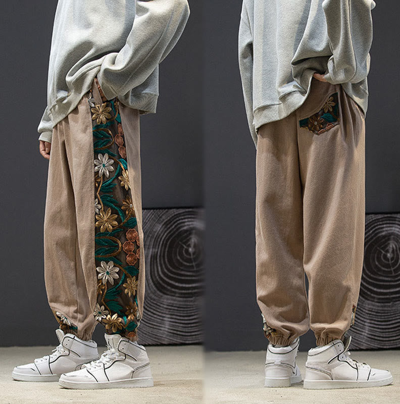 Buddha Stones Spring Men's Embroidered Flower Pattern Patchwork Cotton Pants With Pockets - image 19