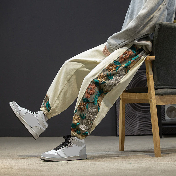 Buddha Stones Spring Men's Embroidered Flower Pattern Patchwork Cotton Pants With Pockets - image 24