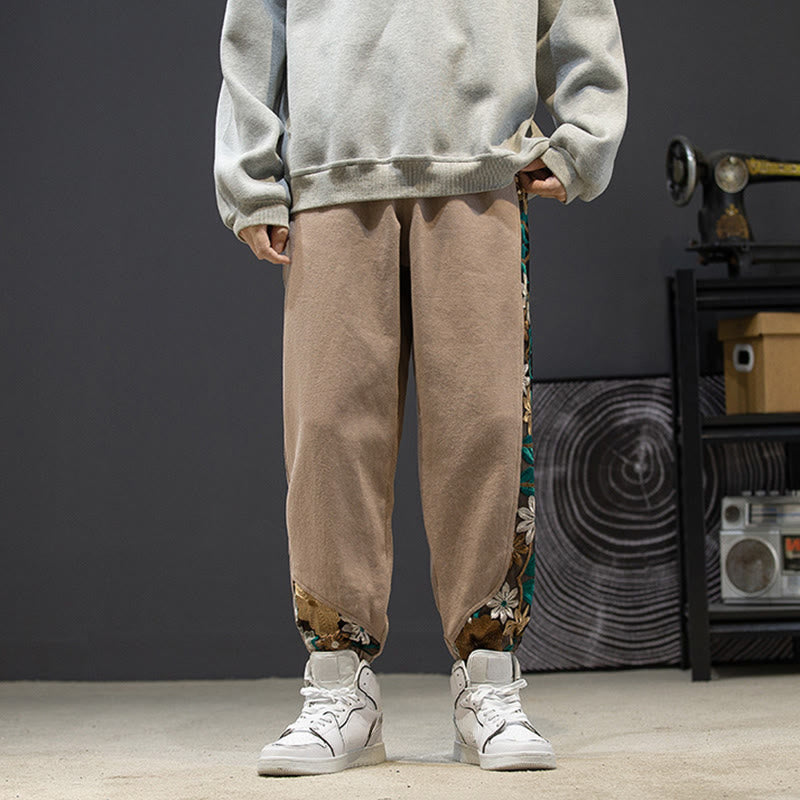 Buddha Stones Spring Men's Embroidered Flower Pattern Patchwork Cotton Pants With Pockets - image 16