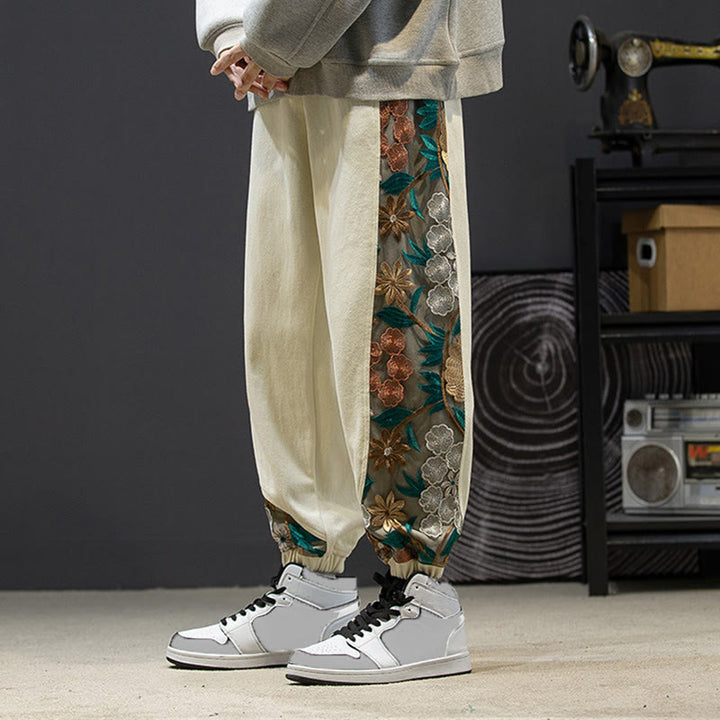 Buddha Stones Spring Men's Embroidered Flower Pattern Patchwork Cotton Pants With Pockets - image 22