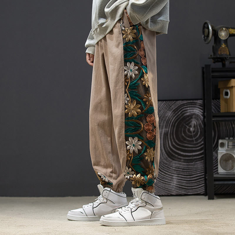 Buddha Stones Spring Men's Embroidered Flower Pattern Patchwork Cotton Pants With Pockets - BurlyWood - US/UK/AU46，EU56 (5XL) - image 14