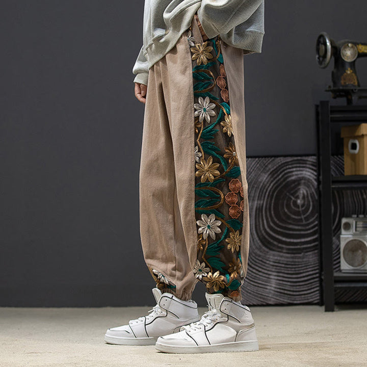Buddha Stones Spring Men's Embroidered Flower Pattern Patchwork Cotton Pants With Pockets - BurlyWood - US/UK/AU46，EU56 (5XL) - image 14