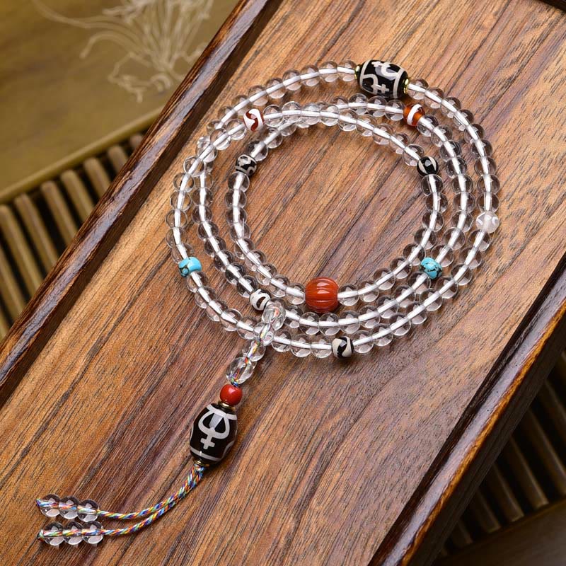 Buddha Stones 108 Beads Liuli Crystal Dzi Bead Agate Blessings Tassel Mala - image 1