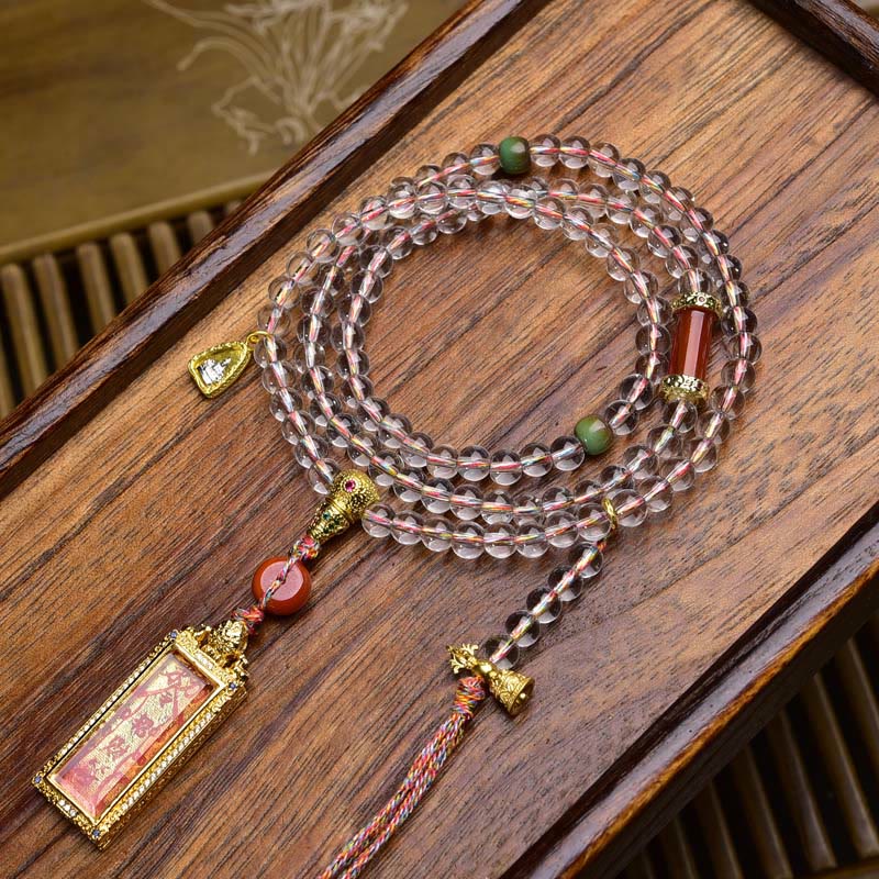 Buddha Stones 108 Beads Liuli Crystal Dzi Bead Agate Blessings Tassel Mala - Red Agate Peace Buckle - 6mm - image 11