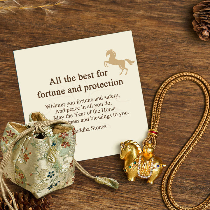 Buddha Stones "All The Best For Fortune And Protection" Year Of The Horse 24k Gold Plated Brass Necklace Includes Gift Message Card - Horse Golden Rope(Length: 75cm) - Deluxe Gift Bag (+$9.59) - image 7