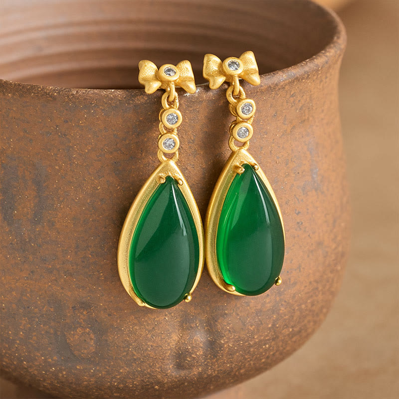 Buddha Stones Waterdrop Design Green Jasper Copper Plated Gold Balance Earrings - Green Jasper(Size: 10*30mm) - image 0