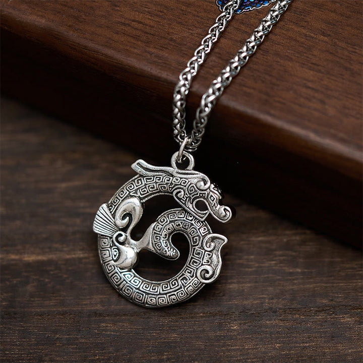 Buddha Stones Tibetan Coiling Dragon Taotie Pattern Copper Plated Silver Necklace Pendant - Coiling Dragon - image 0