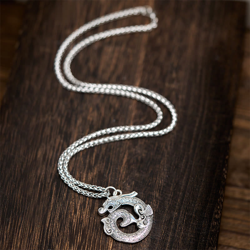 Buddha Stones Tibetan Coiling Dragon Taotie Pattern Copper Plated Silver Necklace Pendant - image 4