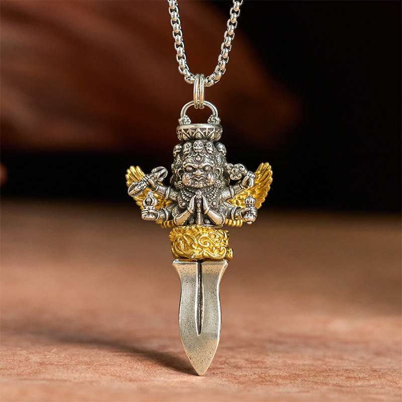 Buddha Stones Tibetan Vajra Three Heads Six Arms Design Copper Healing Spiritual Power Necklace Pendant - image 3