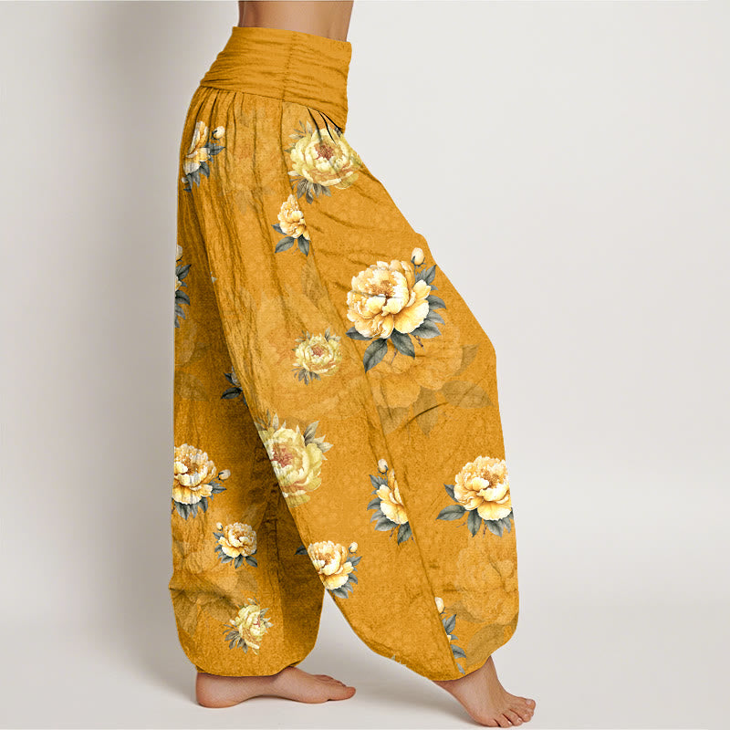 Buddha Stones Cotton Delicate Peony Pattern Women's Elastic Waist Harem Pants - image 2