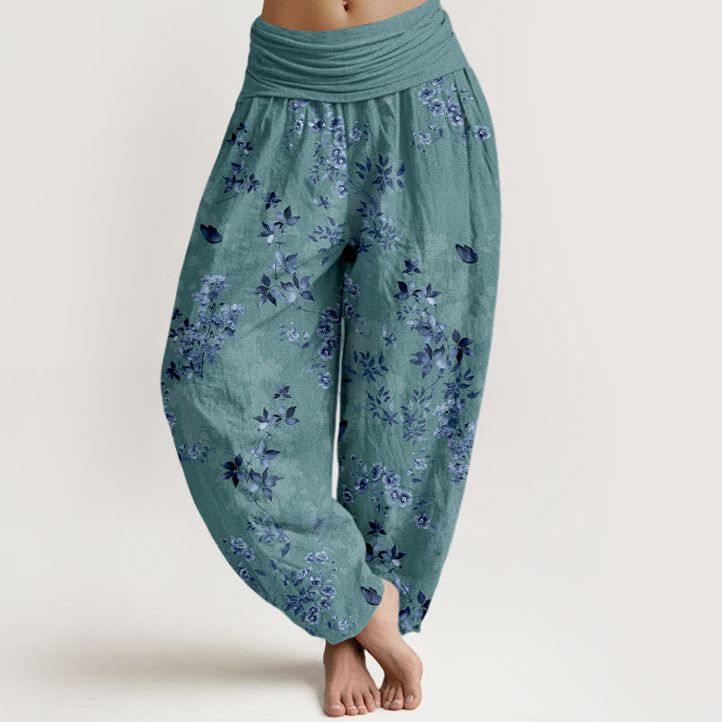 Buddha Stones Cotton Hazy Flower Leaf Pattern Women's Elastic Waist Harem Pants - CadetBlue - US16，UK/AU20，EU48 (3XL) - image 5