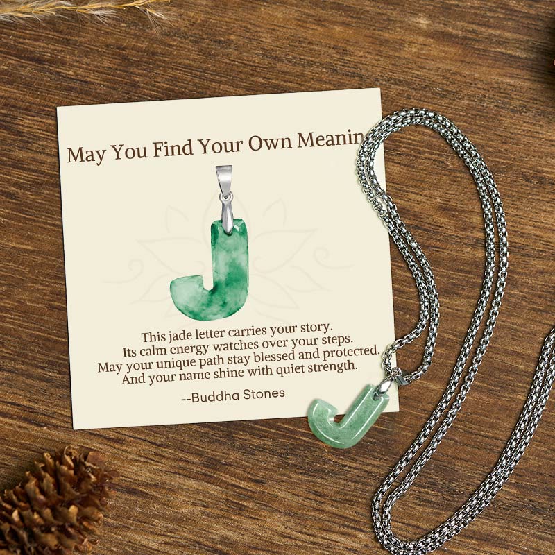Buddha Stones "May You Find Your Own Meaning" Natural A-Z Letter Jade Titanium Steel Chain Necklace Includes Gift Message Card - J - Titanium Steel Chain(One Pendant) - Standard Gift Box - image 47