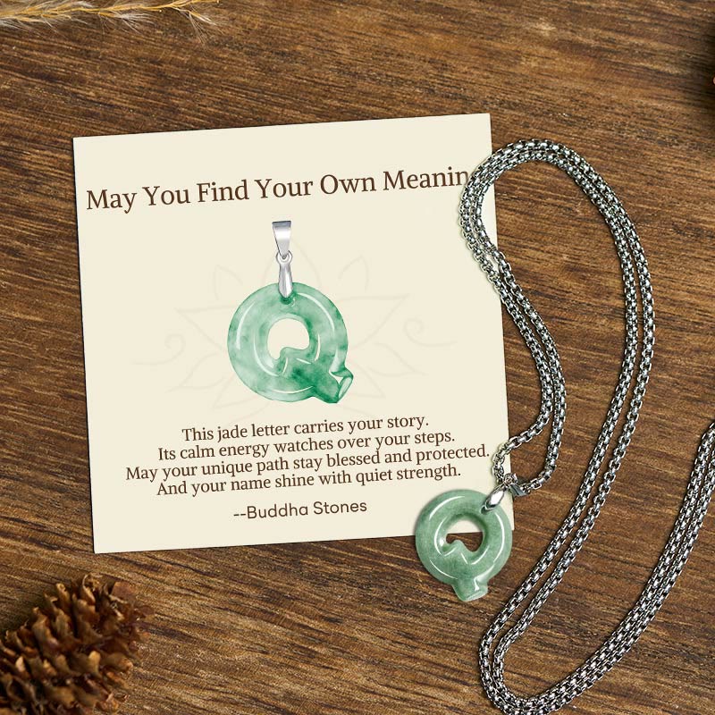 Buddha Stones "May You Find Your Own Meaning" Natural A-Z Letter Jade Titanium Steel Chain Necklace Includes Gift Message Card - Q - Titanium Steel Chain(One Pendant) - Standard Gift Box - image 75