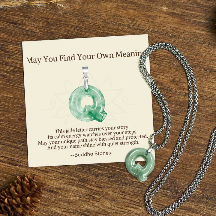 Buddha Stones "May You Find Your Own Meaning" Natural A-Z Letter Jade Titanium Steel Chain Necklace Includes Gift Message Card - Q - Titanium Steel Chain(One Pendant) - Standard Gift Box - image 75