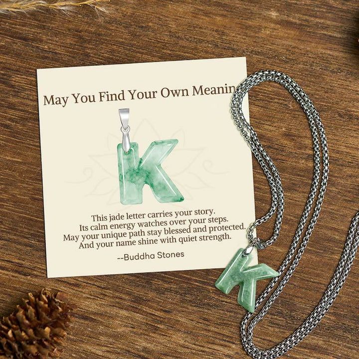 Buddha Stones "May You Find Your Own Meaning" Natural A-Z Letter Jade Titanium Steel Chain Necklace Includes Gift Message Card - K - Titanium Steel Chain(One Pendant) - Standard Gift Box - image 51