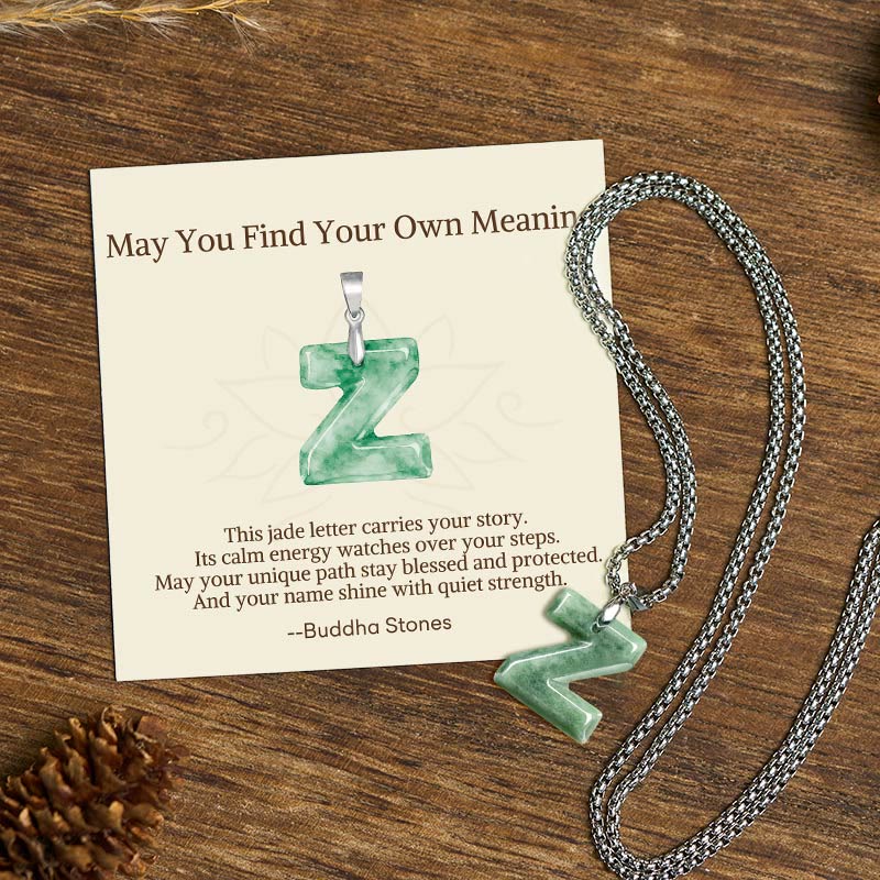 Buddha Stones "May You Find Your Own Meaning" Natural A-Z Letter Jade Titanium Steel Chain Necklace Includes Gift Message Card - Z - Titanium Steel Chain(One Pendant) - Standard Gift Box - image 111