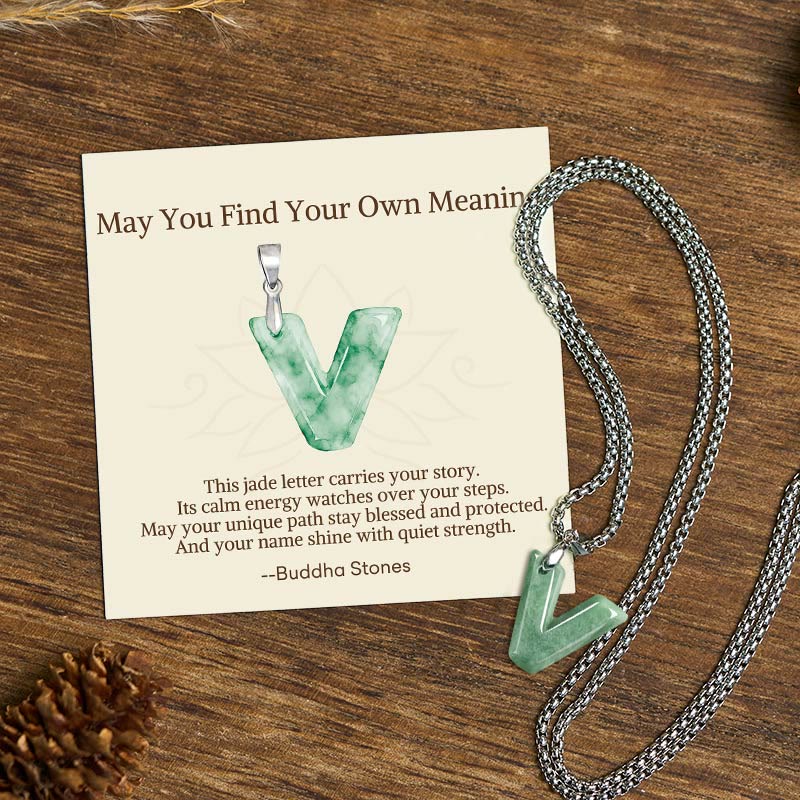 Buddha Stones "May You Find Your Own Meaning" Natural A-Z Letter Jade Titanium Steel Chain Necklace Includes Gift Message Card - V - Titanium Steel Chain(One Pendant) - Standard Gift Box - image 95