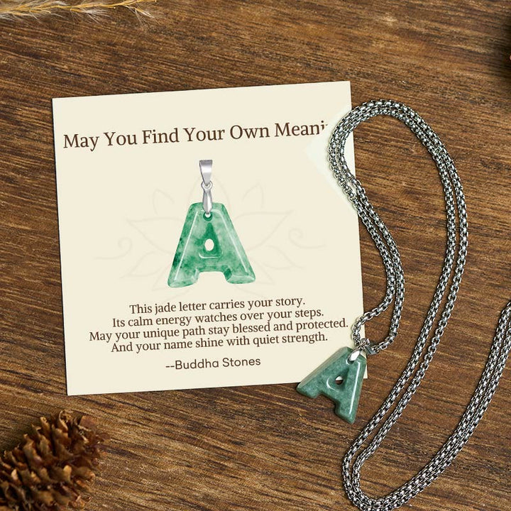 Buddha Stones "May You Find Your Own Meaning" Natural A-Z Letter Jade Titanium Steel Chain Necklace Includes Gift Message Card - A - Titanium Steel Chain(One Pendant) - Standard Gift Box - image 1