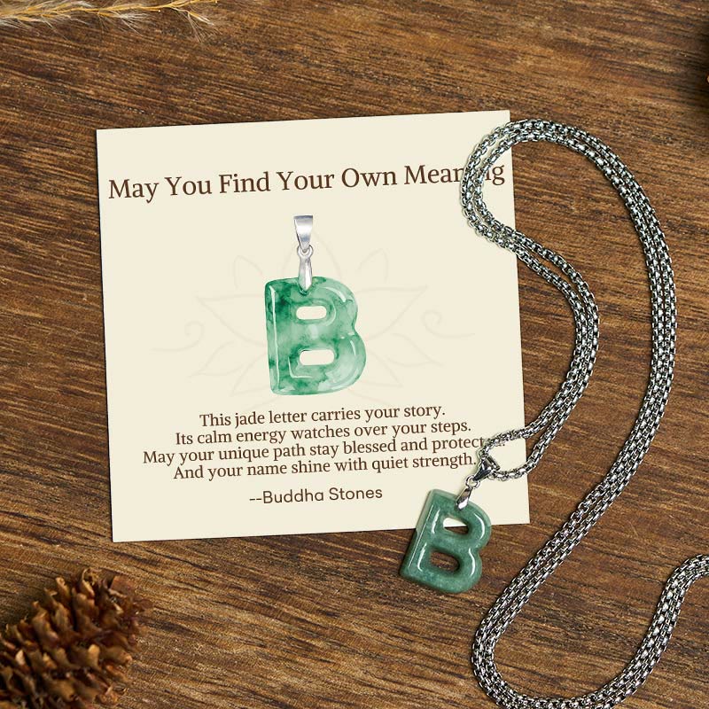 Buddha Stones "May You Find Your Own Meaning" Natural A-Z Letter Jade Titanium Steel Chain Necklace Includes Gift Message Card - B - Titanium Steel Chain(One Pendant) - Standard Gift Box - image 12