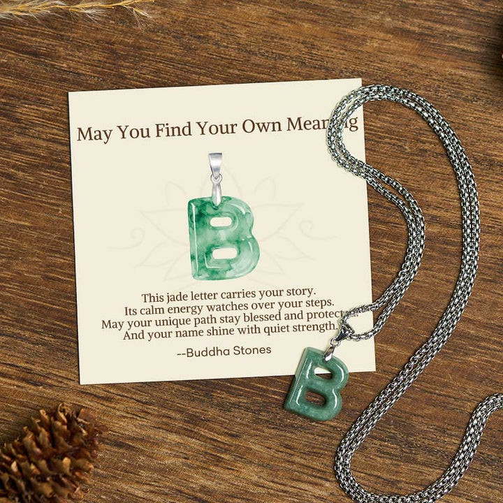 Buddha Stones "May You Find Your Own Meaning" Natural A-Z Letter Jade Titanium Steel Chain Necklace Includes Gift Message Card - B - Titanium Steel Chain(One Pendant) - Standard Gift Box - image 12