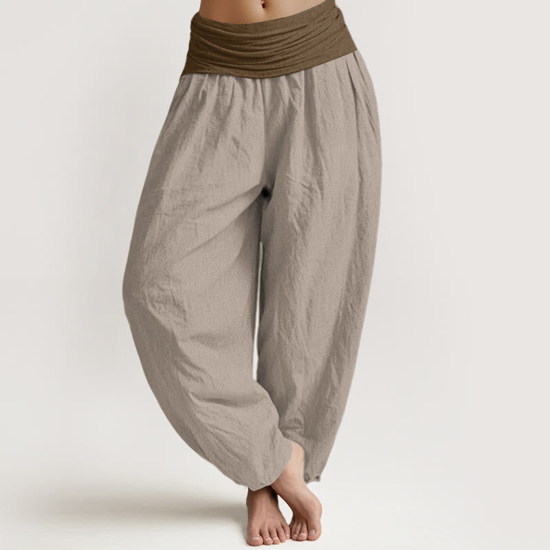Buddha Stones Cotton Black Green Tan Solid Color Women's Elastic Waist Harem Pants - Tan - US16，UK/AU20，EU48 (3XL) - image 8