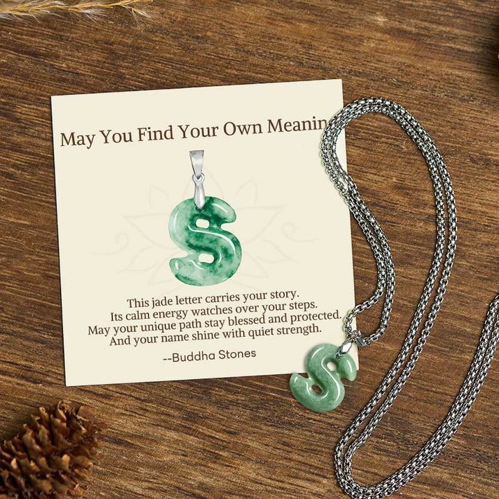 Buddha Stones "May You Find Your Own Meaning" Natural A-Z Letter Jade Titanium Steel Chain Necklace Includes Gift Message Card - S - Titanium Steel Chain(One Pendant) - Standard Gift Box - image 83