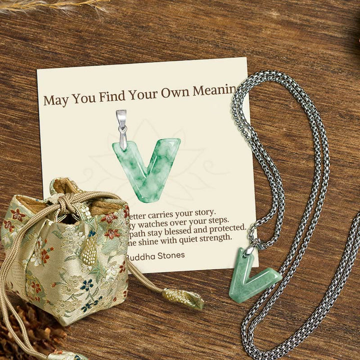 Buddha Stones "May You Find Your Own Meaning" Natural A-Z Letter Jade Titanium Steel Chain Necklace Includes Gift Message Card - V - Titanium Steel Chain(One Pendant) - Deluxe Gift Bag (+$9.59) - image 98