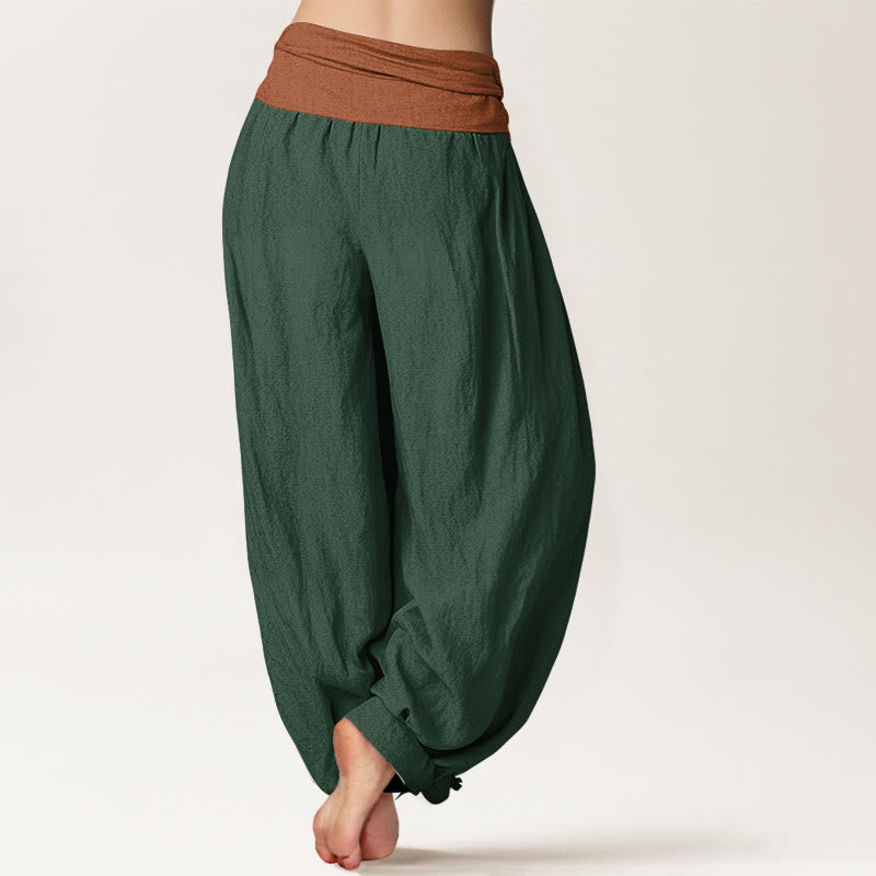 Buddha Stones Cotton Green Black Brown Red Solid Color Women's Elastic Waist Harem Pants - image 1