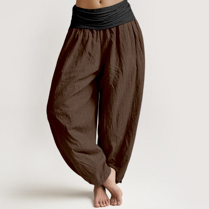 Buddha Stones Cotton Green Black Brown Red Solid Color Women's Elastic Waist Harem Pants - SaddleBrown - US16，UK/AU20，EU48 (3XL) - image 8