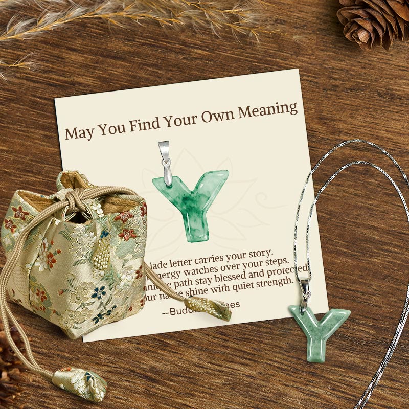 Buddha Stones "May You Find Your Own Meaning" Natural A-Z Letter Jade Titanium Steel Chain Necklace Includes Gift Message Card - image 203