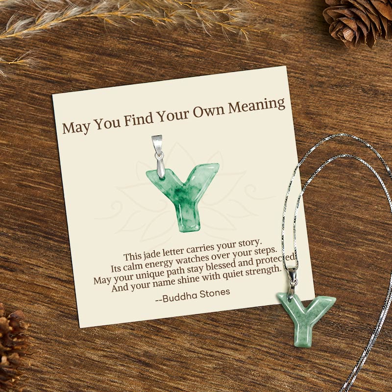 Buddha Stones "May You Find Your Own Meaning" Natural A-Z Letter Jade Titanium Steel Chain Necklace Includes Gift Message Card - image 201