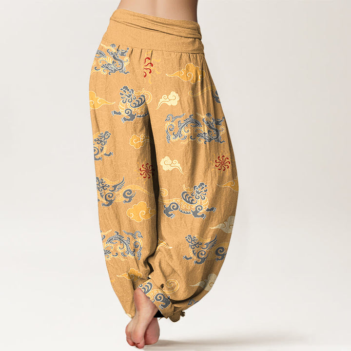 Buddha Stones Cotton Gorgeous Dragon Auspicious Beast Cloud Pattern Women's Elastic Waist Harem Pants - image 1