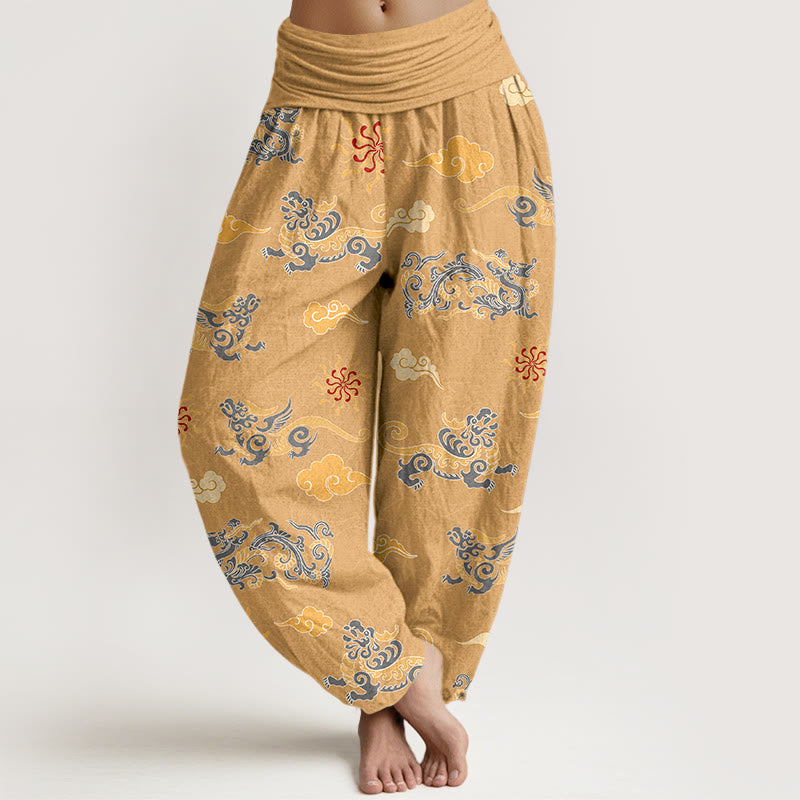 Buddha Stones Cotton Gorgeous Dragon Auspicious Beast Cloud Pattern Women's Elastic Waist Harem Pants - Gold - US16，UK/AU20，EU48 (3XL) - image 0