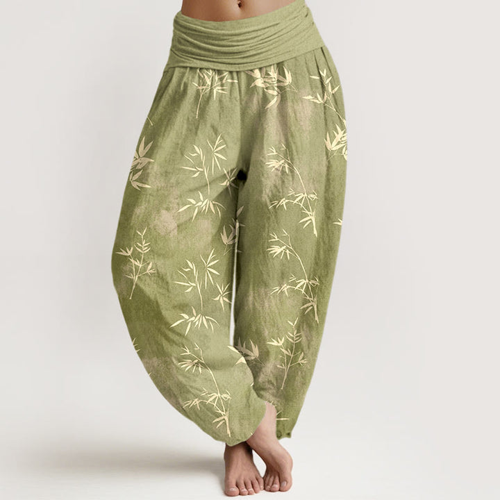Buddha Stones Cotton Simple Bamboo Leaves Pattern Women's Elastic Waist Harem Pants - YellowGreen - US16，UK/AU20，EU48 (3XL) - image 5