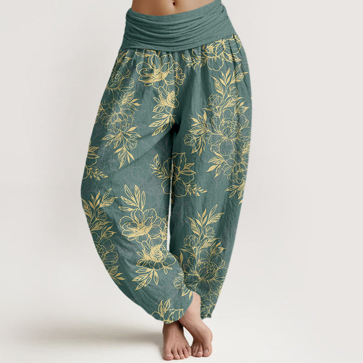 Buddha Stones Cotton Complicated Flowers Leaves Pattern Women's Elastic Waist Harem Pants - MediumSeaGreen - US16，UK/AU20，EU48 (3XL) - image 0