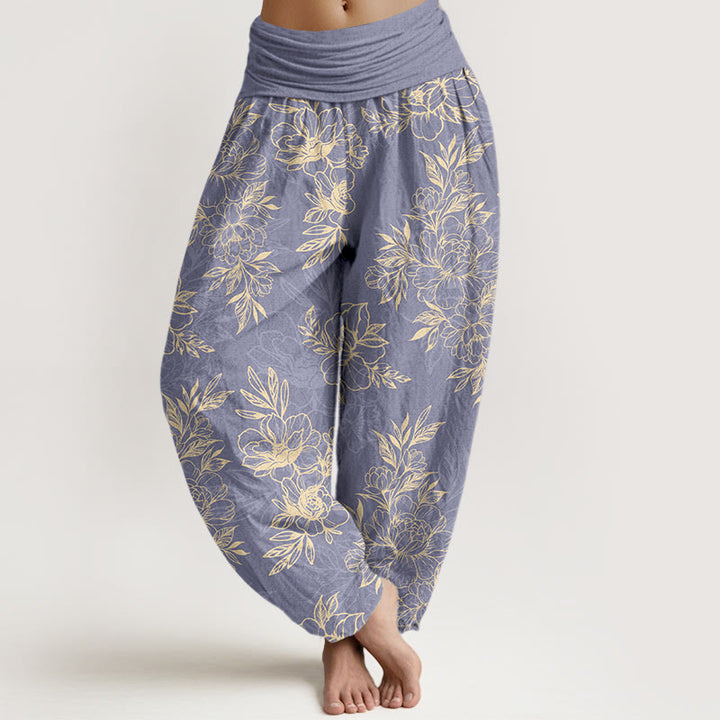 Buddha Stones Cotton Complicated Flowers Leaves Pattern Women's Elastic Waist Harem Pants - SlateBlue - US16，UK/AU20，EU48 (3XL) - image 5