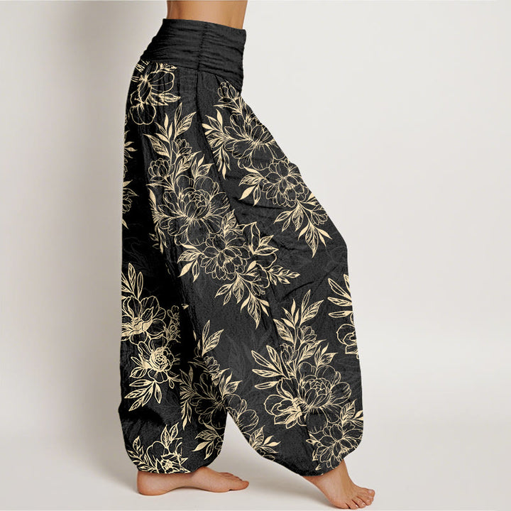 Buddha Stones Cotton Complicated Flowers Leaves Pattern Women's Elastic Waist Harem Pants - image 10