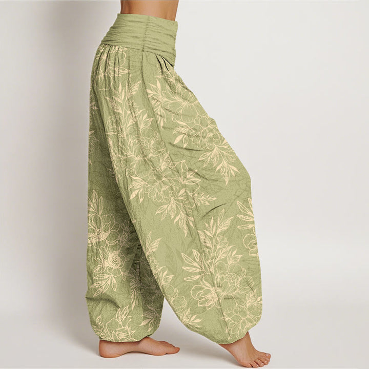 Buddha Stones Cotton Complicated Flowers Leaves Pattern Women's Elastic Waist Harem Pants - image 13