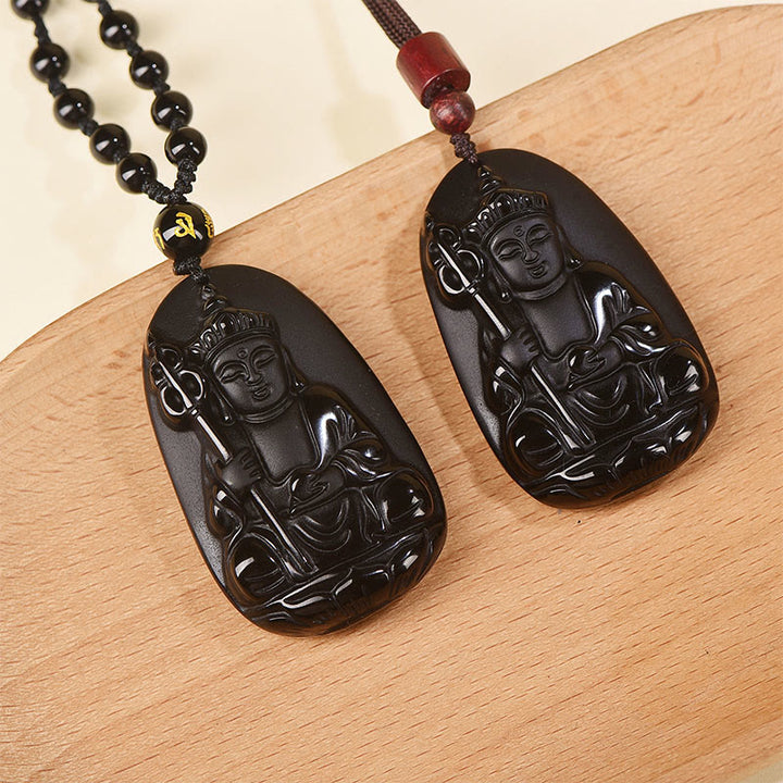Buddha Stones Ksitigarbha Buddha Pattern Black Obsidian Fulfilment Necklace Pendant - image 9