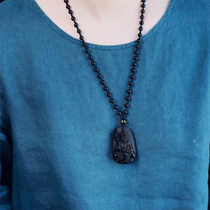 Buddha Stones Ksitigarbha Buddha Pattern Black Obsidian Fulfilment Necklace Pendant - image 3
