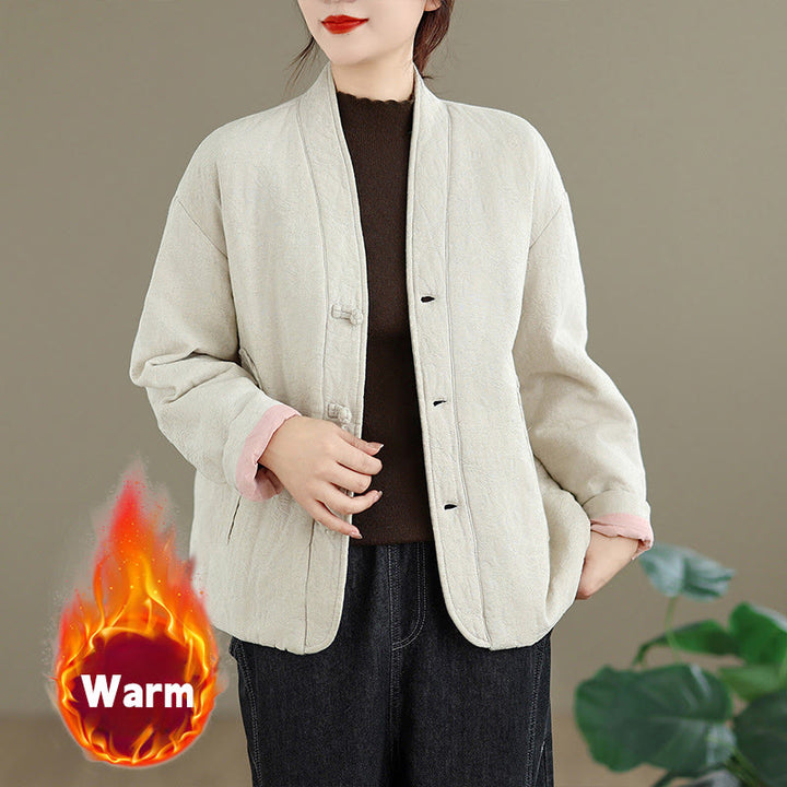 Buddha Stones Winter V-Neck Jacquard Frog-Button Cotton Long Sleeve Women's Thermal Jacket With Pockets - White - US12，UK/AU16，EU44 (2XL) - image 12