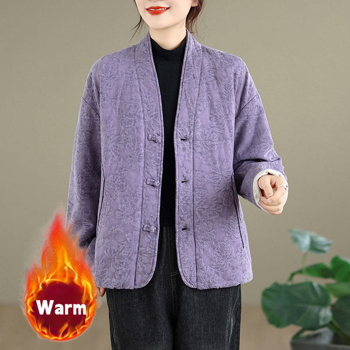 Buddha Stones Winter V-Neck Jacquard Frog-Button Cotton Long Sleeve Women's Thermal Jacket With Pockets - Plum - US12，UK/AU16，EU44 (2XL) - image 19