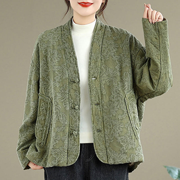 Buddha Stones Winter V-Neck Jacquard Frog-Button Cotton Long Sleeve Women's Thermal Jacket With Pockets - image 5