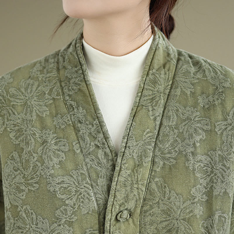 Buddha Stones Winter V-Neck Jacquard Frog-Button Cotton Long Sleeve Women's Thermal Jacket With Pockets - image 6