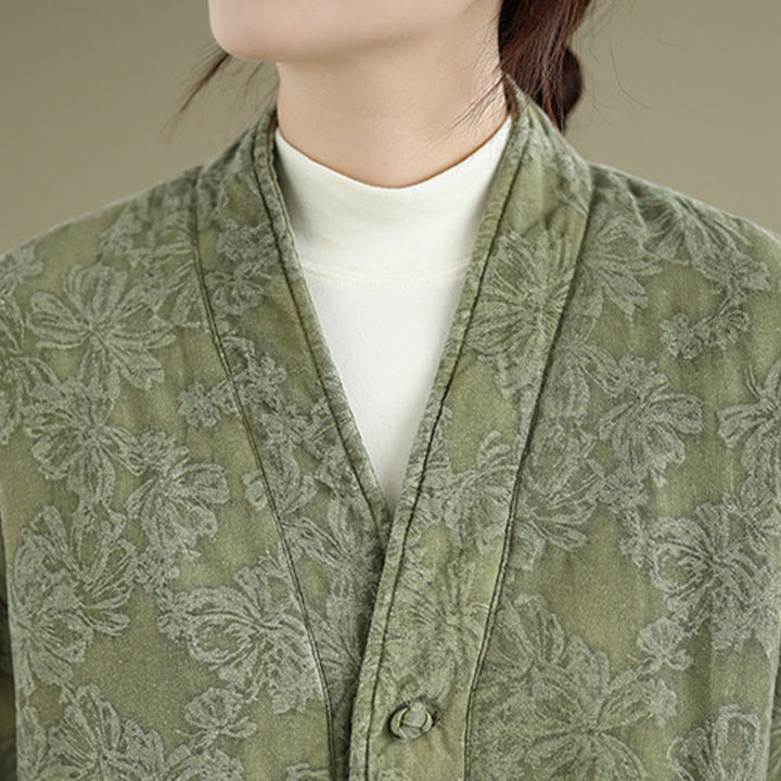 Buddha Stones Winter V-Neck Jacquard Frog-Button Cotton Long Sleeve Women's Thermal Jacket With Pockets - image 6
