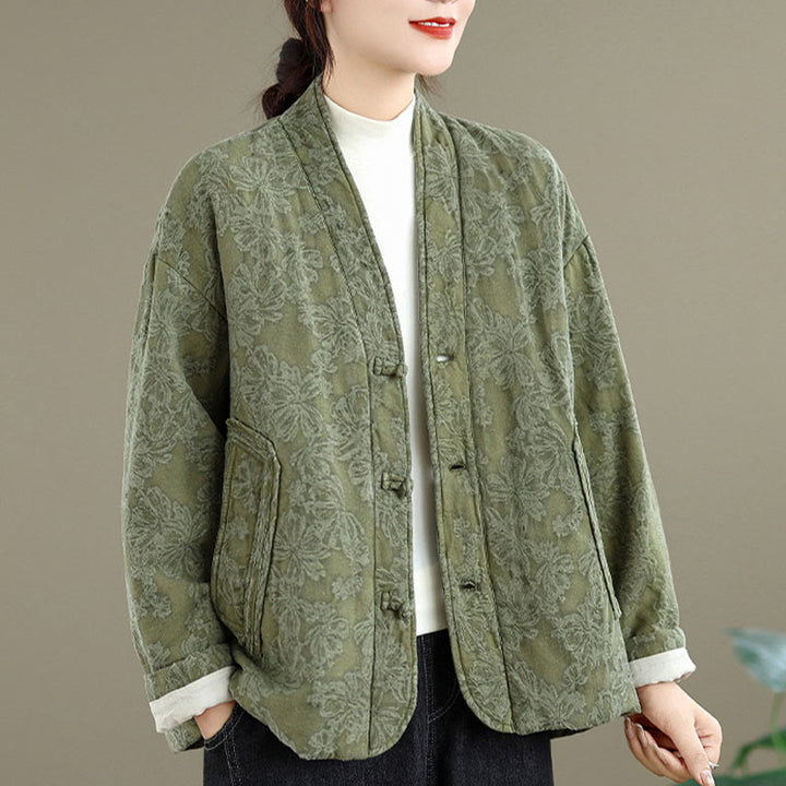 Buddha Stones Winter V-Neck Jacquard Frog-Button Cotton Long Sleeve Women's Thermal Jacket With Pockets - image 1