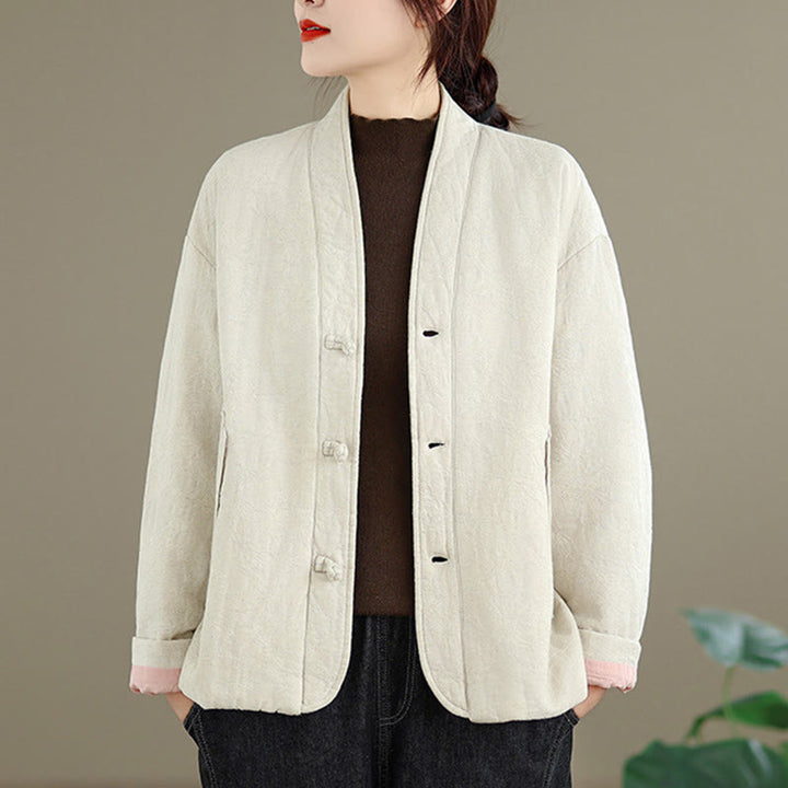 Buddha Stones Winter V-Neck Jacquard Frog-Button Cotton Long Sleeve Women's Thermal Jacket With Pockets - image 16